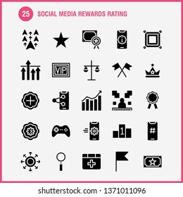 Social Media Rewards Rating Solid Glyph Icon Pack For Designers And Developers. Icons Of Cinema, Movie, Ticket, Rating, Gear, Settings, Social Media, Vector