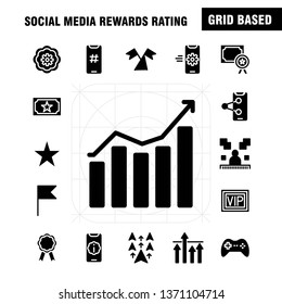 Social Media Rewards Rating Solid Glyph Icon Pack For Designers And Developers. Icons Of Cinema, Movie, Ticket, Rating, Gear, Settings, Social Media, Vector