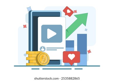 Social Media ROI Concept. Dynamic display of user engagement and profit analysis. Stack of coins, growth chart, likes interaction. Flat vector illustration on background.