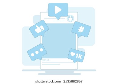 Social Media ROI Concept. Dynamic display of user engagement and profit analysis. Stack of coins, growth chart, likes interaction. Flat vector illustration on background.