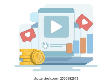 Conceito de ROI de Mídia Social. Exibição dinâmica do envolvimento do usuário e da análise de lucro. Pilha de moedas, gráfico de crescimento, gosta de interação. Ilustração de vetor plano no plano de fundo.