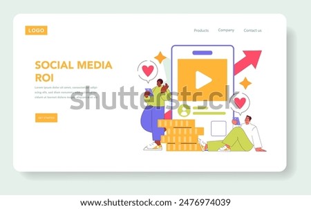 Social Media ROI concept. Dynamic illustration showing user engagement and profit analysis. Coins stack, growth chart, likes interaction. Vector illustration.