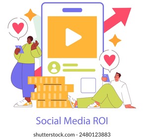 Concepto de ROI de medios sociales. Los usuarios se involucran con el contenido a medida que aumentan las métricas y las ganancias. Éxito del marketing digital, crecimiento de la audiencia. Ilustración vectorial.