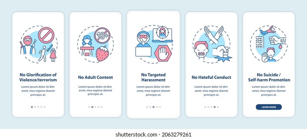 Social media safety rules onboarding mobile app page screen with concepts. No target harassment walkthrough 5 steps graphic instructions. UI, UX, GUI vector template with linear color illustrations
