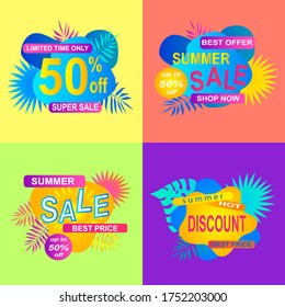 Social media sale banners and ads web template collection. Vector illustrations for website and mobile website banners, posters, email and newsletter designs, ads with tropical leaves 