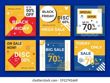 Social media sale banners and ads web design template collection. Background template with text and images design by yellow and blue colored shapes with special offer. Vector illustration