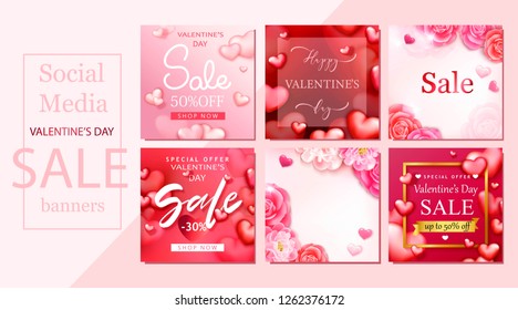 Social media sale banners. Valentine's day background with hearts, flowers. Romantic design for poster, card, flyer. Shop promotion template.