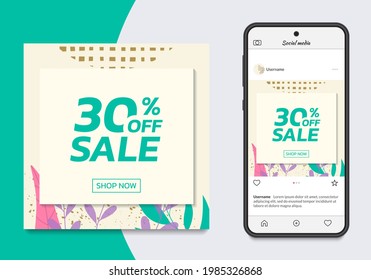 Social media sale post design with floral background. Modern discount card with 30 percent price off. Trendy banner template with leaves. Vector illustration.