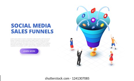 Social media sales funnel design concept with people. Isometric vector illustration. Landing page template for web.
