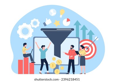 Social media sales funnel. Smm strategies, tele marketing process and attracted new followers and customers. Strategy of monetization recent vector scene