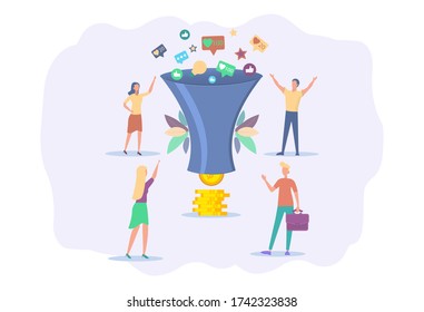 Social media sales media. Monetization tips. Attracting followers. Generation of new customers, identification of your customers. Colorful vector illustration.