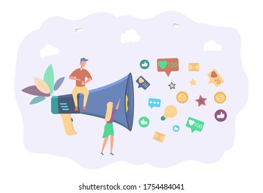 Medios de venta de medios sociales. Consejos de monetización. Atrayendo seguidores. Generación de nuevos clientes, identificación de sus clientes. Ilustración vectorial colorida.
