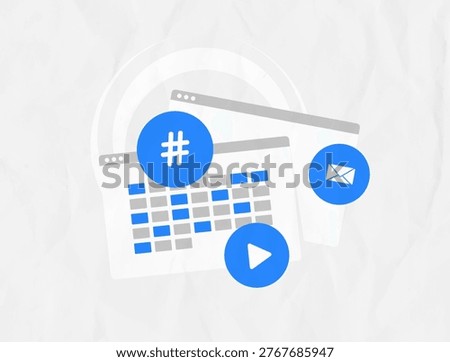 Social media scheduling tool for automated content publishing and campaign management. Social media scheduling improves post automation and content workflow for digital marketing vector illustration