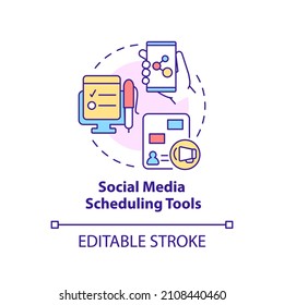 Concept-Icon für Social Media-Scheduling-Tools Marketingstrategie abstrakte Idee dünne Linie Illustration. Einzeln Umrisszeichnung. Bearbeitbarer Strich. Verwendung von Roboter-Medium, Myriad Pro-Fett-Schriftarten