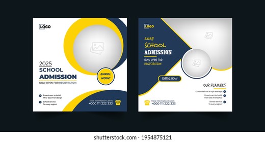 Social Media School Education Admission Post, Ad For Facebook Instagram,twitter And Back To School Web Banner Template Or Square Flyer Poster In Yellow And Blue Color