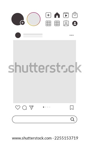 Social Media Screen Icons GUI  with clean UI Design. Social Media Mockup Interface Template Essentials Vector. Home, Post, Share, Like, Comment, Save
