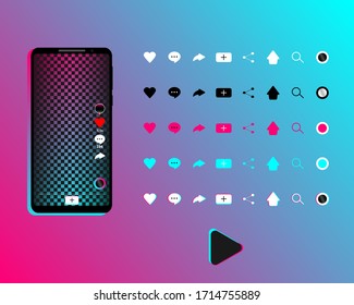 Social media screen interface.  Design app template. App web buttons layouts, ui. Music and video app icons. Vector illustration. EPS10