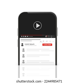 Social media screen template for mobile video player. Phone mockup, video player, app, user interface. Blogging. channel. Social network concept. Vector illustration