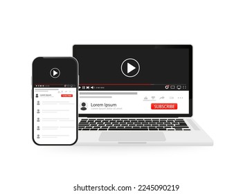 Social media screen template for mobile video player and laptop. Phone mockup, video player, app, user interface. Blogging. channel. Social network concept. Vector illustration