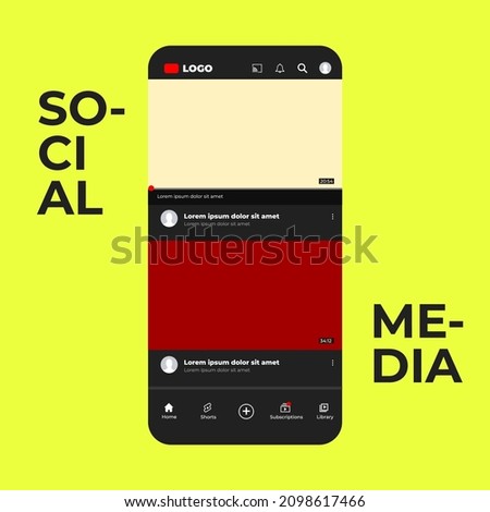 Social media screen template mobile video player. Mockup phone video player, app, ui. Blogging. Channel. Social media concept. Vector illustration. Youtube. Youtube Go. YT. Iphone. UI. UX. User
