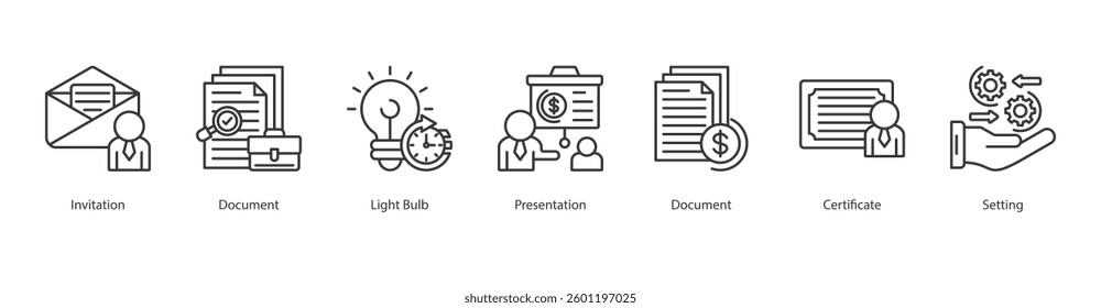 Social Media Screening icon sheet outline style invitation, document, light bulb, presentation, document, certificate, setting