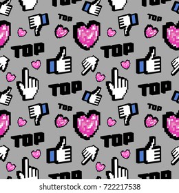Social media seamless background. Pixel pattern with likes, click and thumbs up.