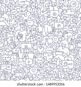 Social media seamless doodle pattern. People using internet and mobile devices to communicate. Modern communication technology background