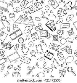 Social media seamless pattern can be used for wallpaper, website background. Doodles hand drawn vector symbols and objects