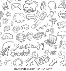 Social media seamless pattern with doodle communication signs vector illustration