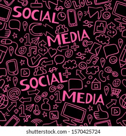 Social media seamless pattern with hand drawn elements. Pink icons on black background. Vector illustration.