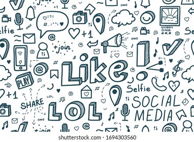 Social media seamless pattern. Hand drawn doodle design. Vector llustration.