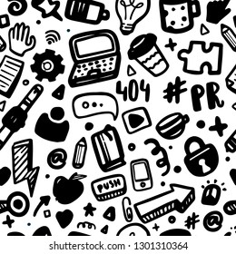 Social media seamless pattern for site background in doodle style. PR concept for blog