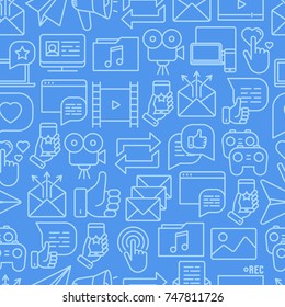 Social media seamless pattern with thin line icons: of thumbs up, share, link, send e-mail, music, stream, comments. Vector illustration for banner, web page, print media.
