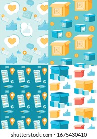 Social Media Seamless Patterns Set Backgrounds. Digital Marketing and Targeting. Box with Gifts and Prizes. Startup New Online Project in Network. Promotion and Sharing. Mailing. Vector Illustration