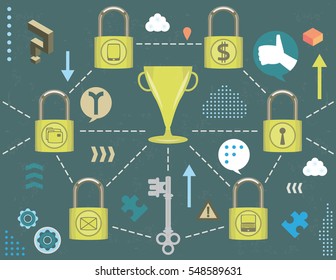 Social media security concept with trophy linked to padlocks and bubble icons, infographics elements and grunge texture.