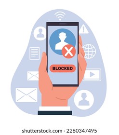 Seguridad de medios sociales, mano con smartphone con cuenta bloqueada. Llamadas bloqueadas, censura o seguridad de actividades aleatorias. Dibujo plano de caricatura. Concepto de protección de datos de vectores