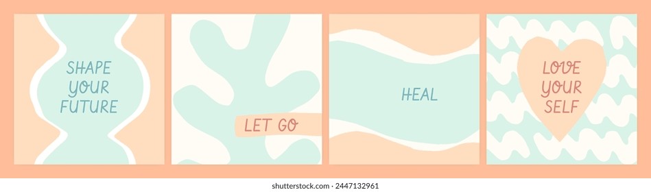 Social media self support quote template set. Pastel blue and warm peach orange abstract shapes backgrounds. Organic cut out shapes self-care notes lettering motivational wall art poster concept.