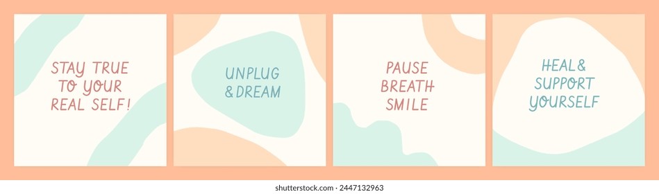 Social media self support quote template set. Pastel blue and warm peach orange abstract shapes backgrounds. Organic cut out shapes self-care notes reminder poster concept with motivational lettering.