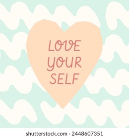 Social media self support quote template. Pastel blue and warm peach orange abstract shapes background. Cut out shapes self-care lettering motivational wall art poster concept.