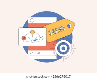 Social Media Sentiment Analysis for Brands. Analyze social media sentiment with AI tools to gauge brand perception. Social media icons and positive or negative sentiment bars vector Illustration