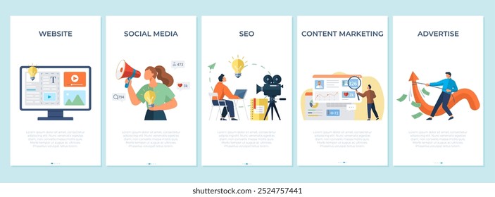 Social media, seo, advertise, content marketing, website banners set. Digital management, business communication concept. Can use for web banner, infographics, hero images and promotion agency