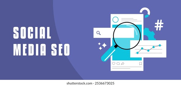 Banner SEO de mídias sociais - aumente a visibilidade com conteúdo otimizado, hashtags SEO, texto alternativo e legendas descritivas. Marketing em mídias sociais, direcionamento de palavras-chave, ilustração do cabeçalho de crescimento do compromisso 