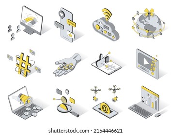 Social media service concept 3d isometric icons set. Pack elements of content, emoji, like, hashtag, target, video, post, megaphone, marketing and other. Vector illustration in modern isometry design