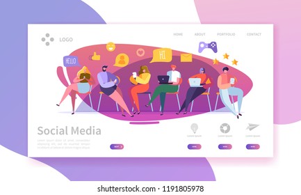 Social Media Services Landing Page. Marketing Communication Concept with Flat People Characters Website Template. Easy to edit and customize. Vector illustration