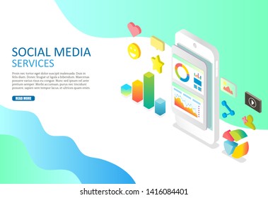 Social media services vector web banner design template. Vector isometric smartphone and social networking communication technology symbols.