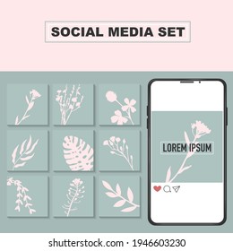 Social media set with 9 icons. Floral, botanic design. Isolated on green background. Vector illustration. Telephone mockup, template. Quote thank you followers. Post, story, internet communications.