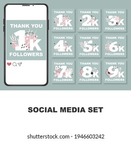 Social media set with 9 icons. Floral, botanic design. Isolated on green background. Vector illustration. Telephone mockup, template. Quote thank you followers. Post, story, internet communications.