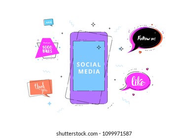 Social media set of  banners with lettering isolated on white background. Mobile phone and speech bubbles with Like, Thank you , Follow me, 1000 likes phrase.  Vector illustration.