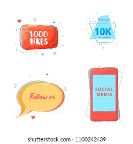 Social media set of  banners with lettering isolated on white background. 10K followers, Follow me, 1000 likes text. Elements for public channels design. Vector illustration.