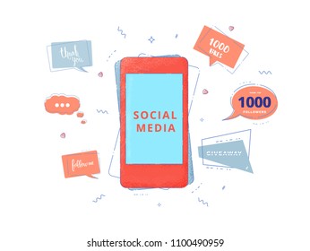 Social media set of  banners with lettering isolated on white background. Phone and speech bubble shapes. Thank you, 1K followers, Follow me, 1000 likes, Giveaway text. Vector illustration.